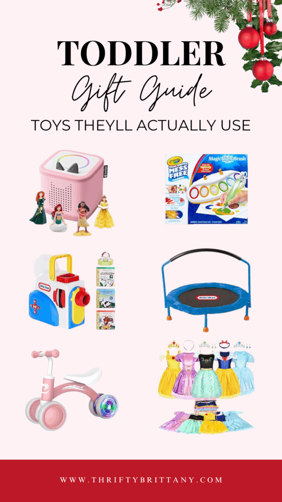 Flat lay of pastel toddler toys with text ‘Best Toddler Gifts They’ll Actually Use’ in pink.