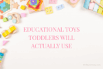 Pink flat lay of educational toys for toddlers. Christmas and birthday gift ideas including wooden toys, magnetic tiles, stacking stones, balance bike, and Montessori toys.