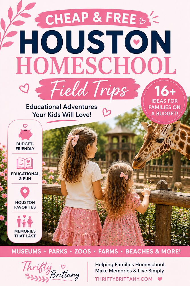 20 Cheap and Free Houston Homeschool Field Trips and Things To Do with Kids 3 Two girls visiting animals at the Houston Zoo promoting 16 cheap and free Houston homeschool field trips for families, including museums, parks, farms, and educational activities. Thrifty Brittany